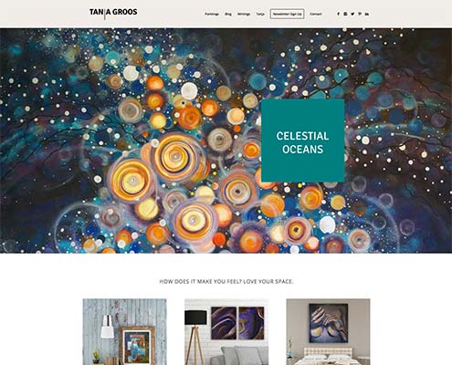 The website design for this artist includes an artwork portfolio featuring large product photos