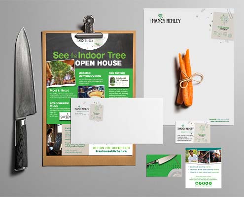 Business card, letterhead, envelop, and poster design for a small business
